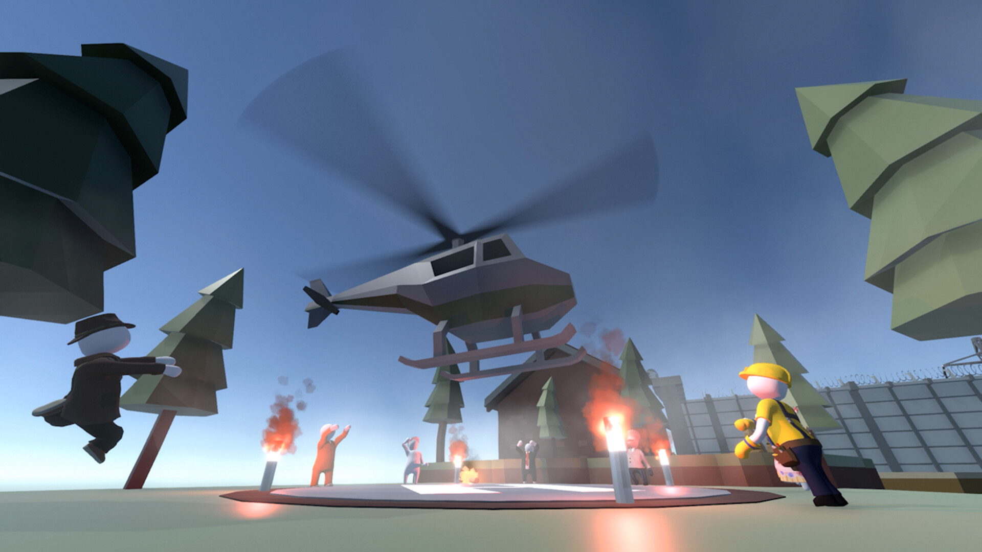 Human: Fall Flat screenshot: low-poly, stylized 3d, third-person, no outlines, soft gradient (environment, character)