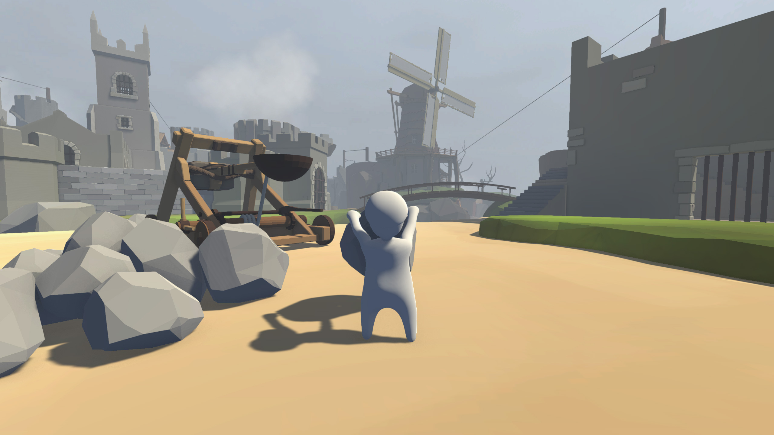Human: Fall Flat screenshot: low-poly, stylized 3d, third-person, no outlines, soft gradient (environment, character)