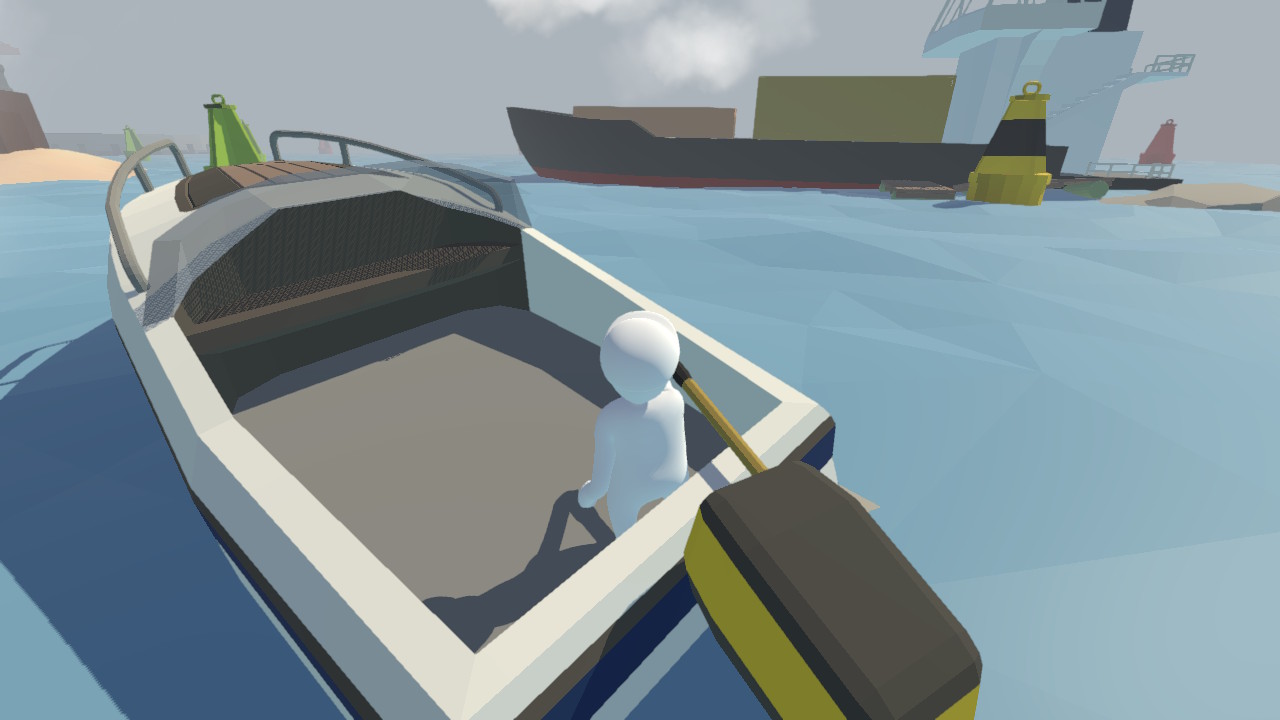 Human: Fall Flat screenshot: low-poly, stylized 3d, third-person, no outlines, soft gradient (environment, character)