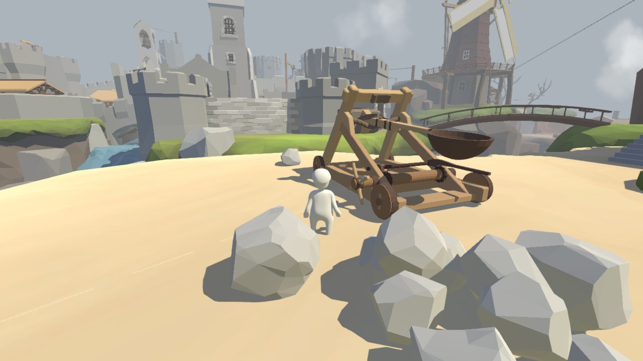 Human: Fall Flat screenshot: low-poly, stylized 3d, third-person, no outlines, soft gradient (environment, character)