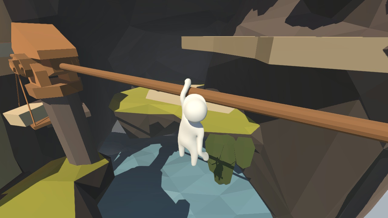 Human: Fall Flat screenshot: low-poly, stylized 3d, third-person, no outlines, soft gradient (environment, character)