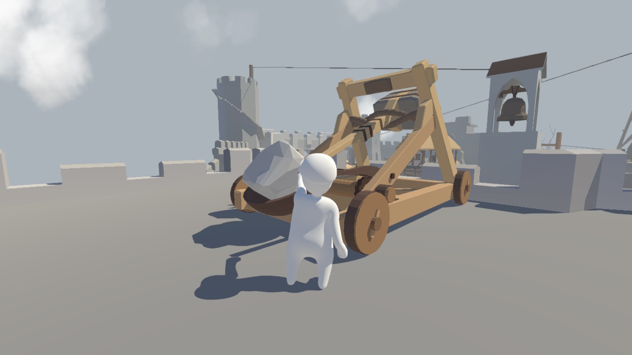 Human: Fall Flat screenshot: low-poly, stylized 3d, third-person, no outlines, soft gradient (environment, character)