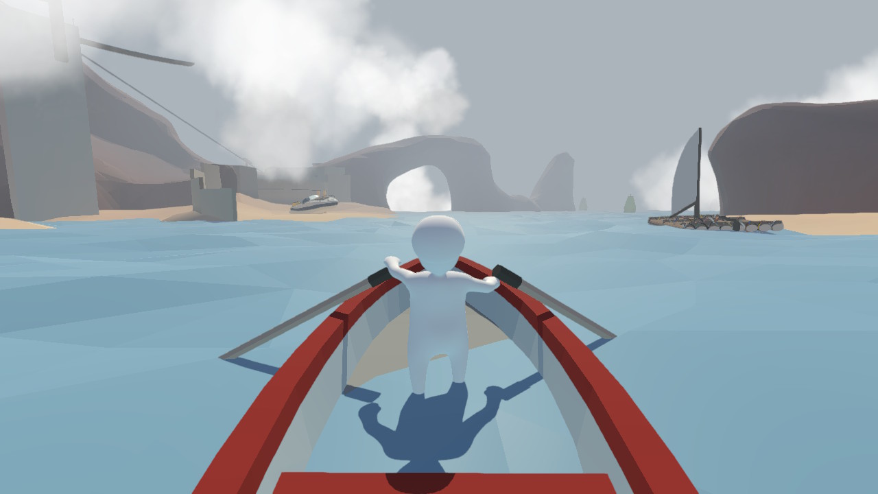 Human: Fall Flat screenshot: low-poly, stylized 3d, third-person, no outlines, soft gradient (environment, character)