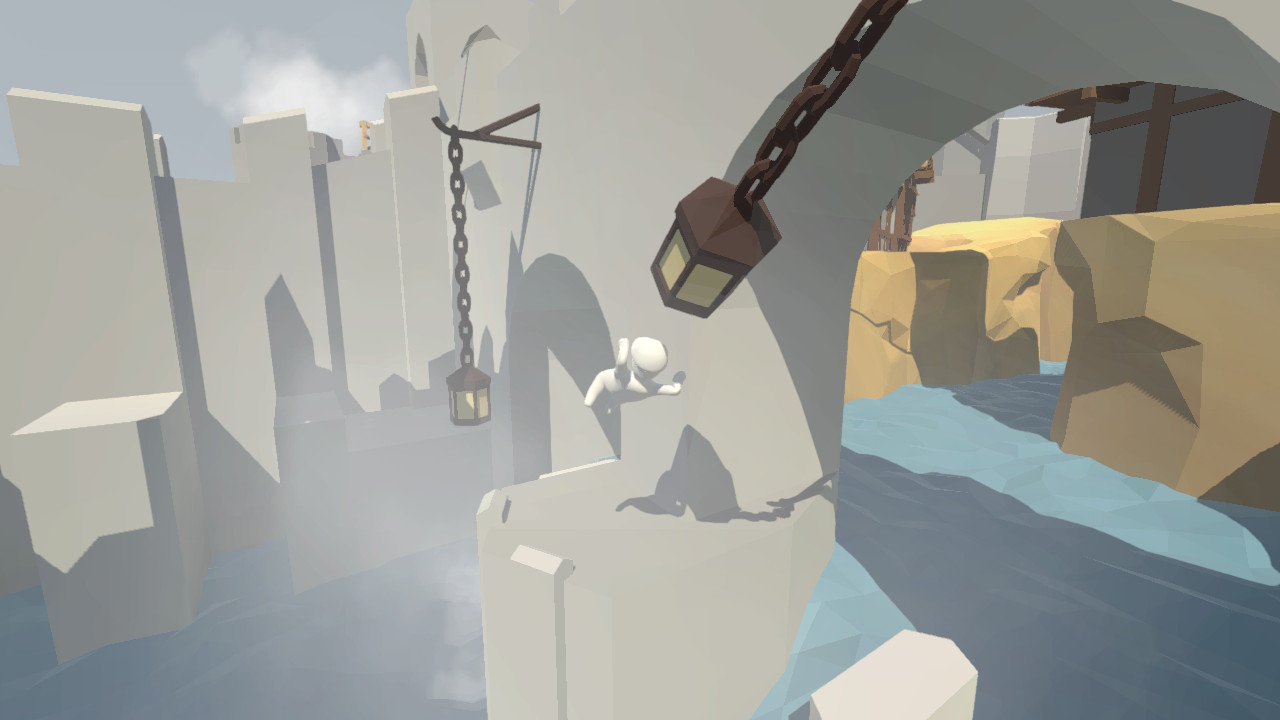 Human: Fall Flat screenshot: low-poly, stylized 3d, third-person, no outlines, soft gradient (environment, character)