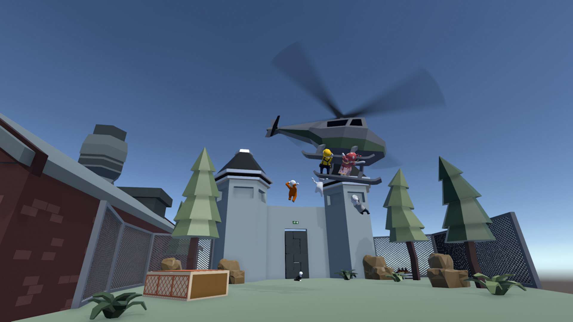 Human: Fall Flat screenshot: low-poly, stylized 3d, third-person, no outlines, soft gradient (environment, character)
