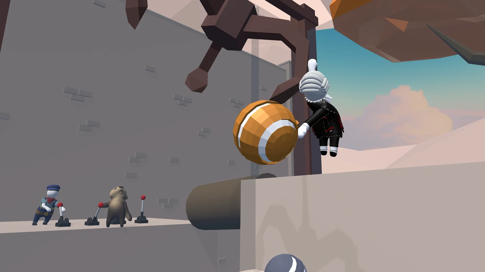 Human: Fall Flat screenshot: low-poly, stylized 3d, third-person, no outlines, soft gradient (environment, character)