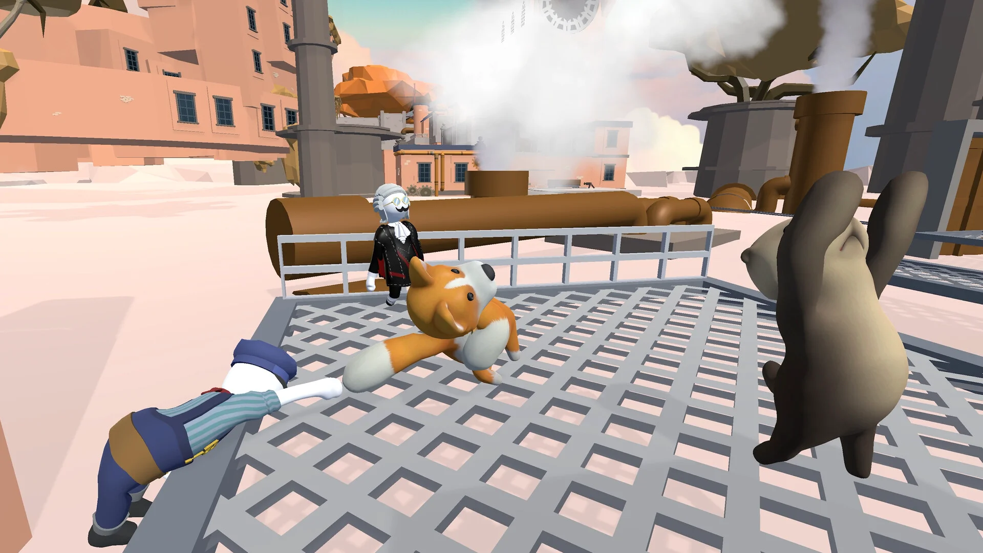 Human: Fall Flat screenshot: low-poly, stylized 3d, third-person, no outlines, soft gradient (environment, character)