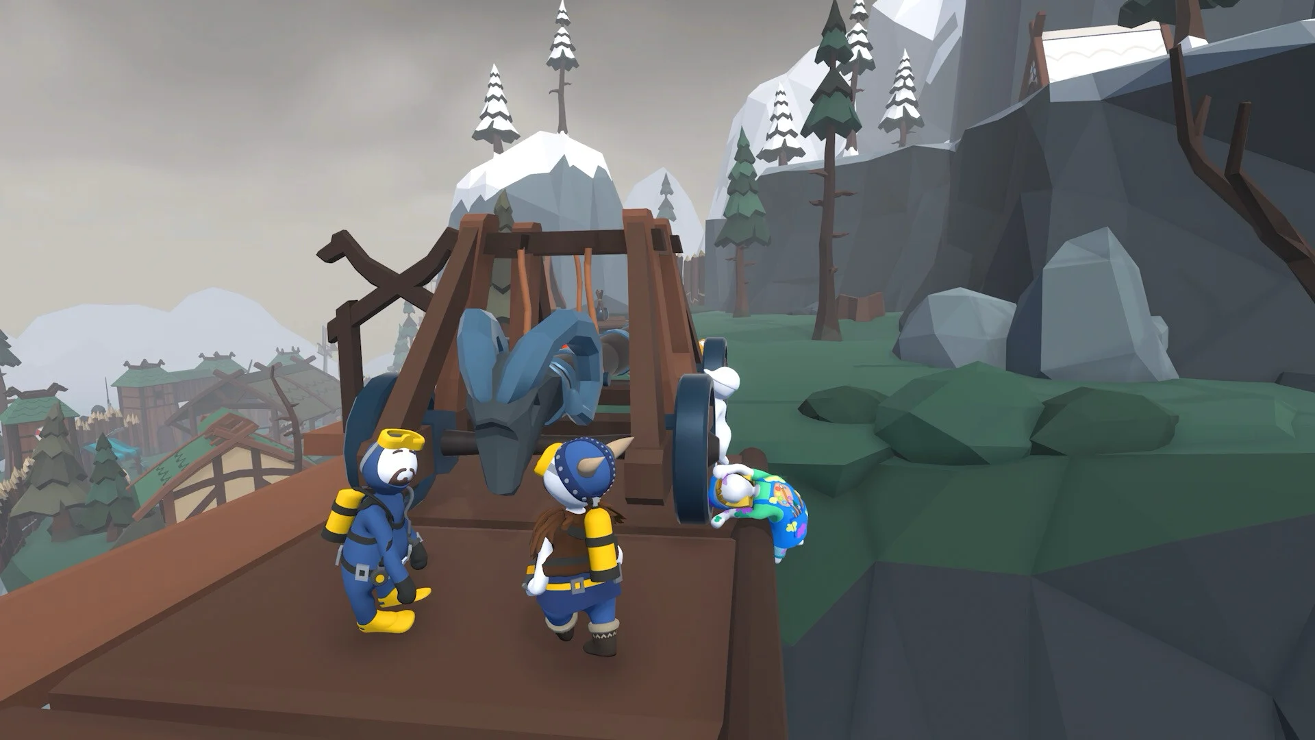 Human: Fall Flat screenshot: low-poly, stylized 3d, third-person, no outlines, soft gradient (environment, character)