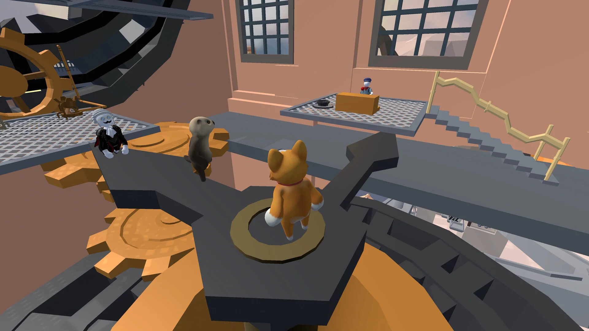 Human: Fall Flat screenshot: low-poly, stylized 3d, third-person, no outlines, soft gradient (environment, character)