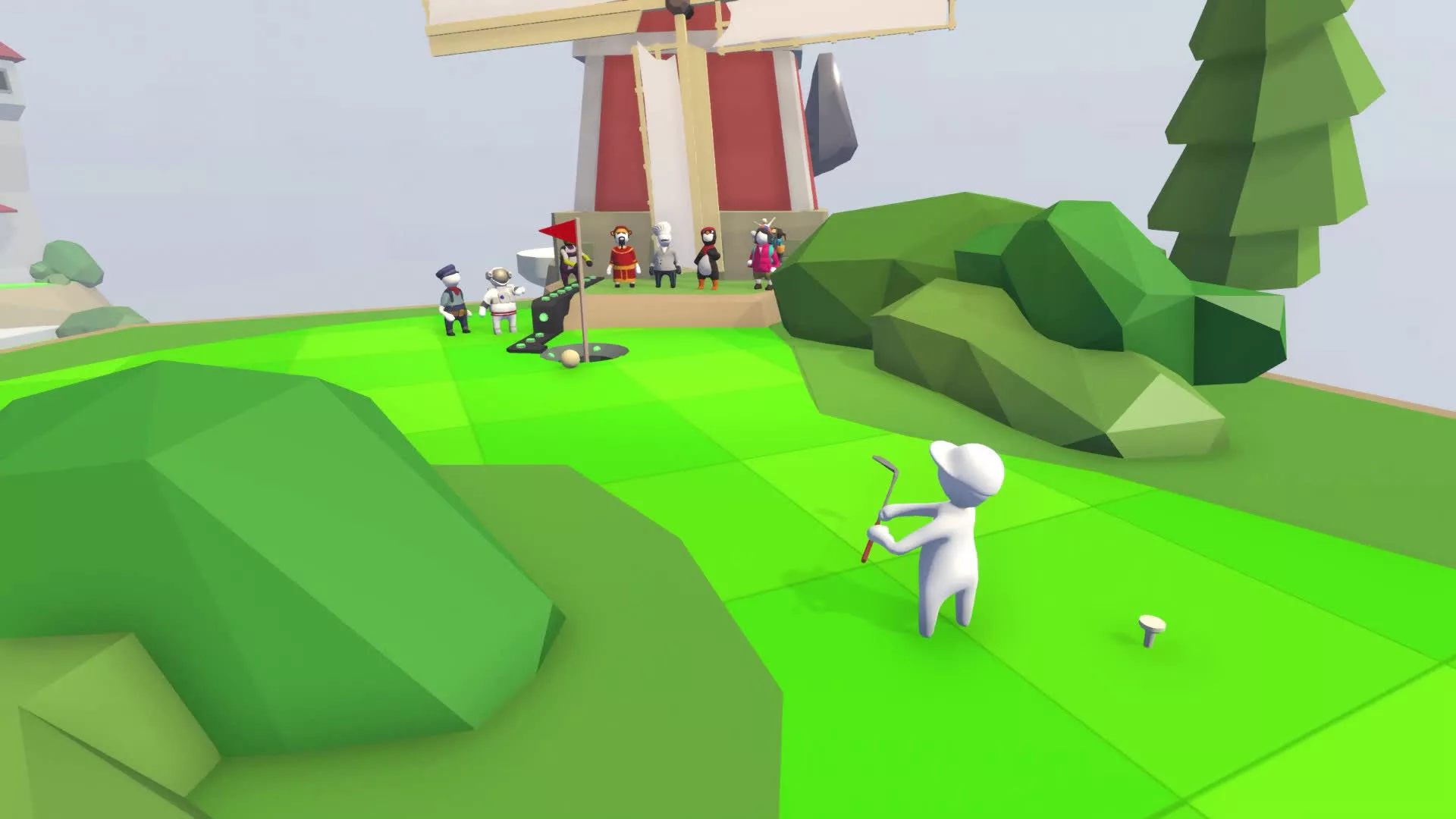 Human: Fall Flat screenshot: low-poly, stylized 3d, third-person, no outlines, soft gradient (environment, character)