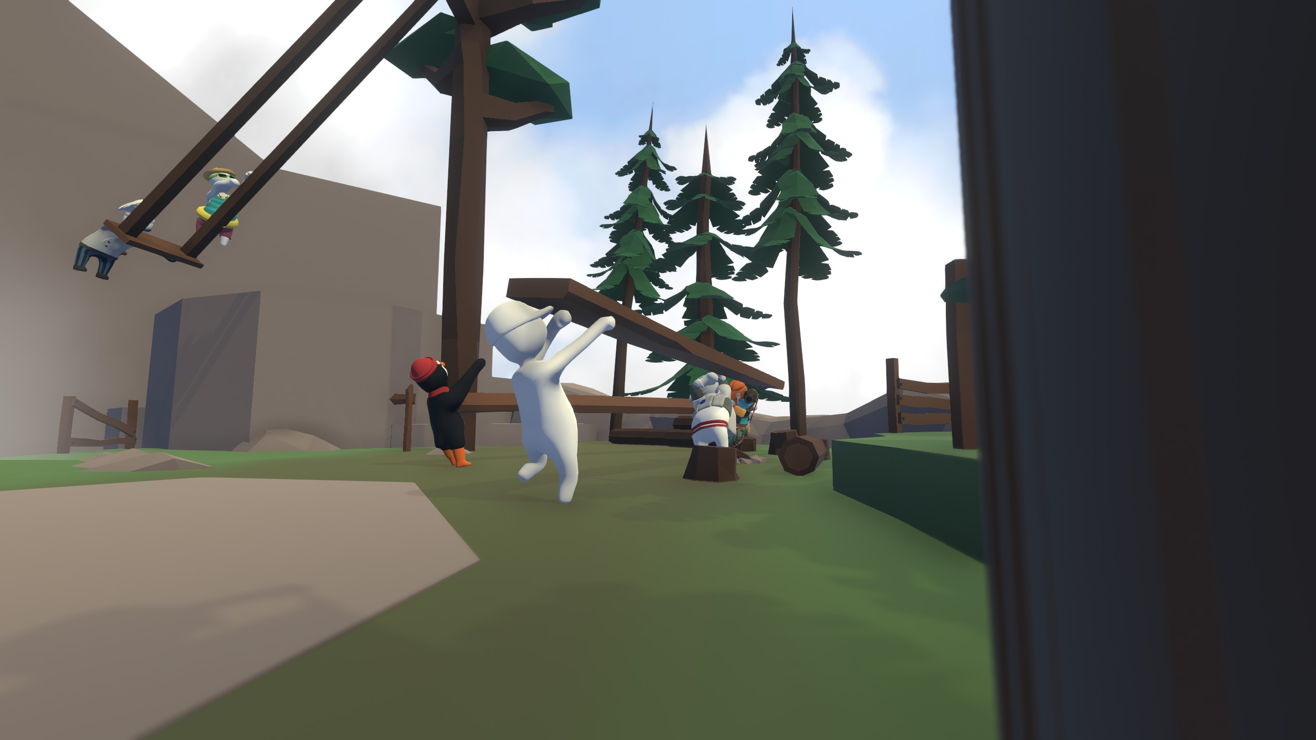 Human: Fall Flat screenshot: low-poly, stylized 3d, third-person, no outlines, soft gradient (environment, character)