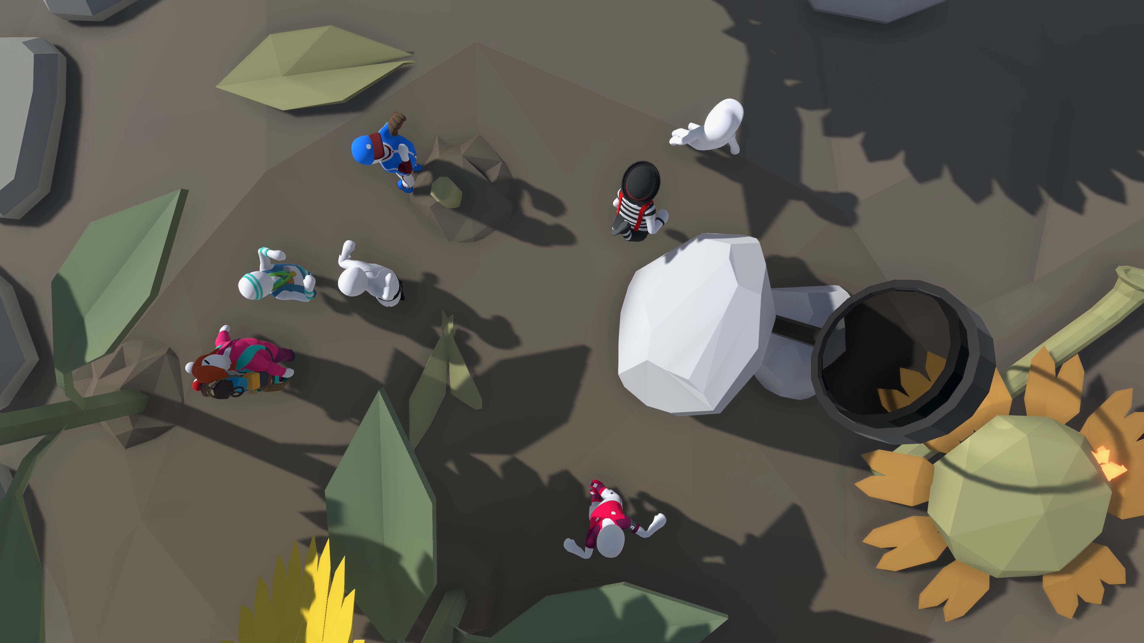 Human: Fall Flat screenshot: low-poly, stylized 3d, third-person, no outlines, soft gradient (environment, character)