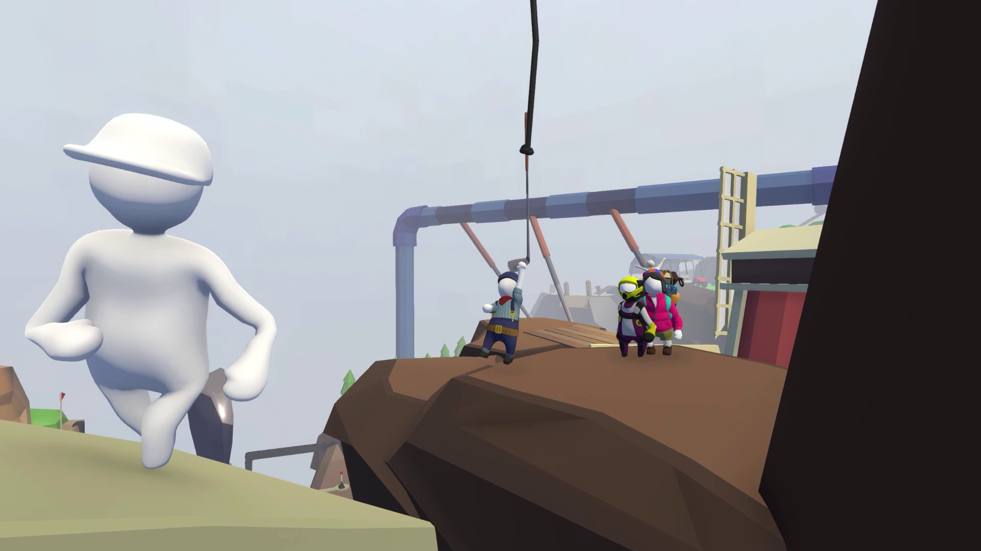 Human: Fall Flat screenshot: low-poly, stylized 3d, third-person, no outlines, soft gradient (environment, character)