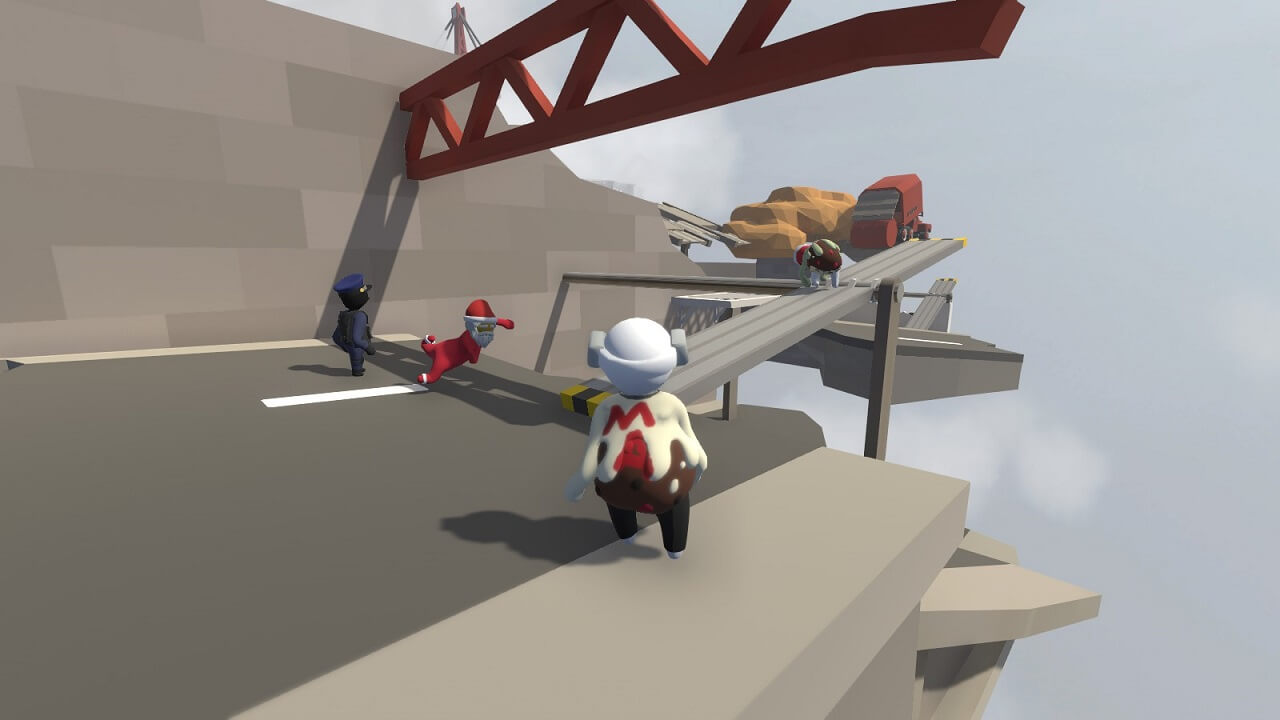 Human: Fall Flat screenshot: low-poly, stylized 3d, third-person, no outlines, soft gradient (environment, character)