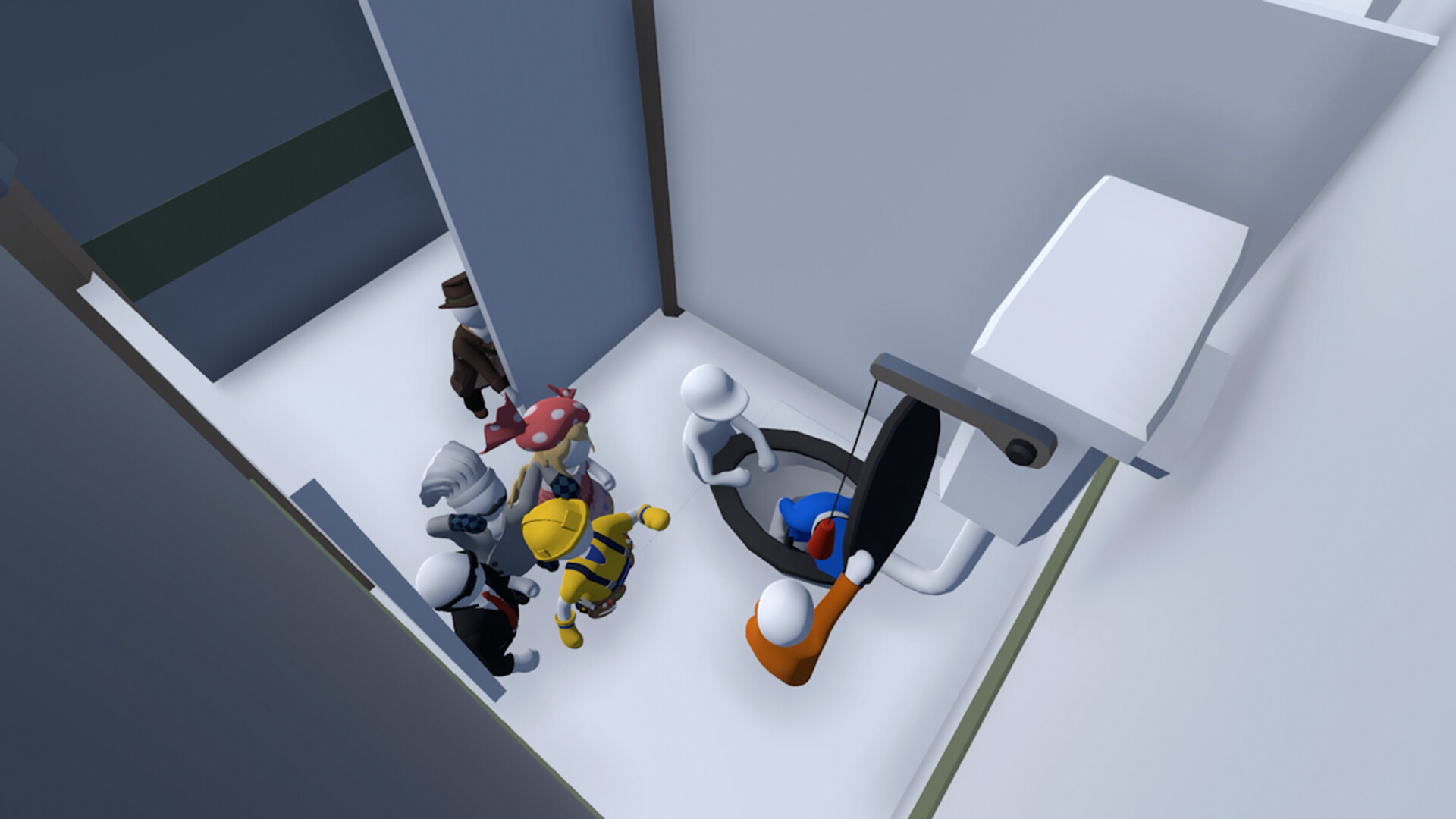Human: Fall Flat screenshot: low-poly, stylized 3d, third-person, no outlines, soft gradient (environment, character)
