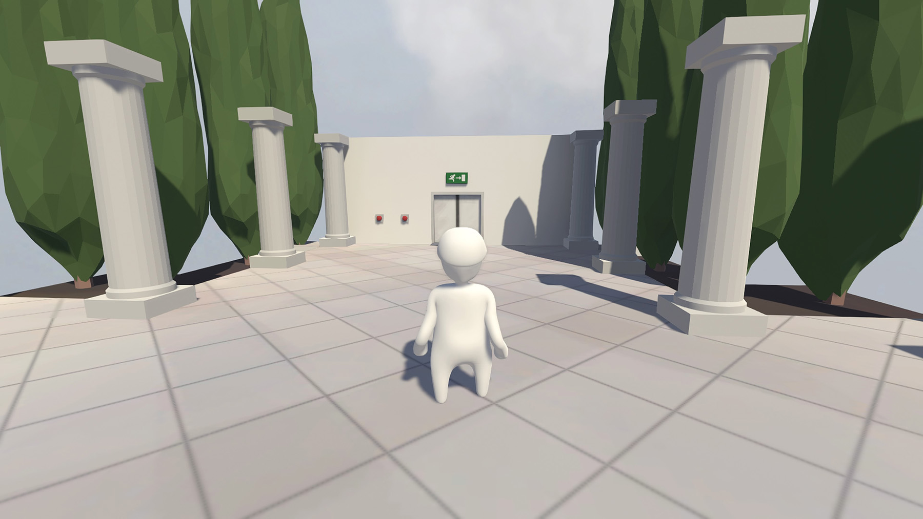 Human: Fall Flat screenshot: low-poly, stylized 3d, third-person, no outlines, soft gradient (environment, character)
