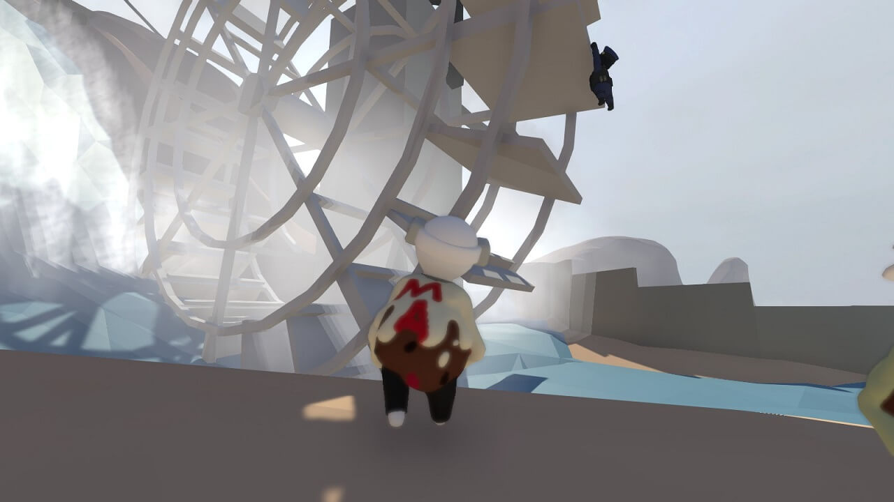 Human: Fall Flat screenshot: low-poly, stylized 3d, third-person, no outlines, soft gradient (environment, character)