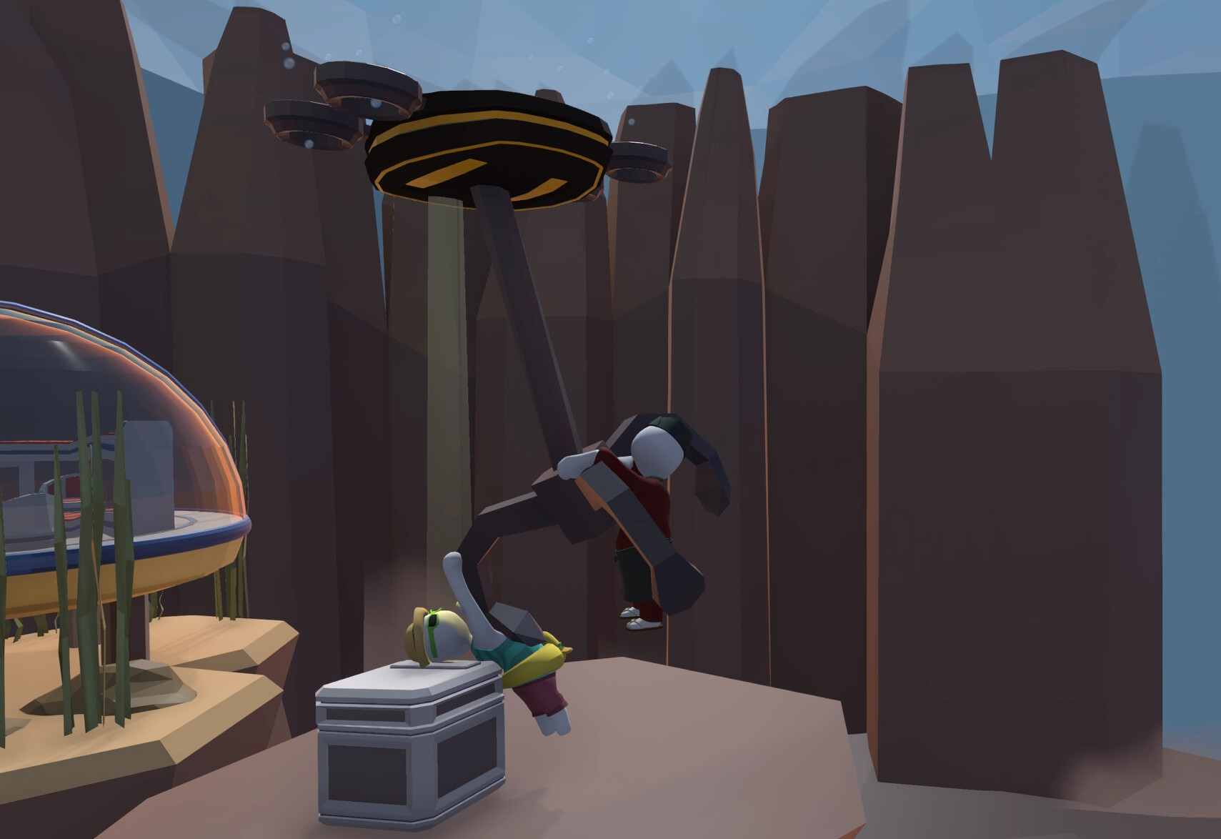 Human: Fall Flat screenshot: low-poly, stylized 3d, third-person, no outlines, soft gradient (environment, character)
