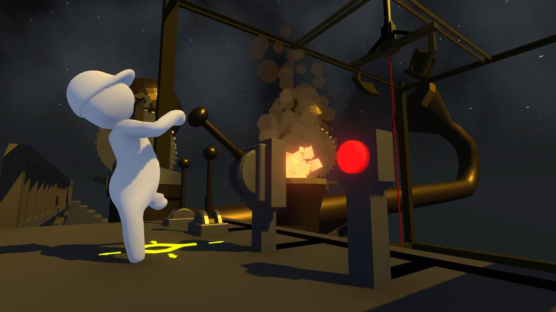 Human: Fall Flat screenshot: low-poly, stylized 3d, third-person, no outlines, soft gradient (environment, character)