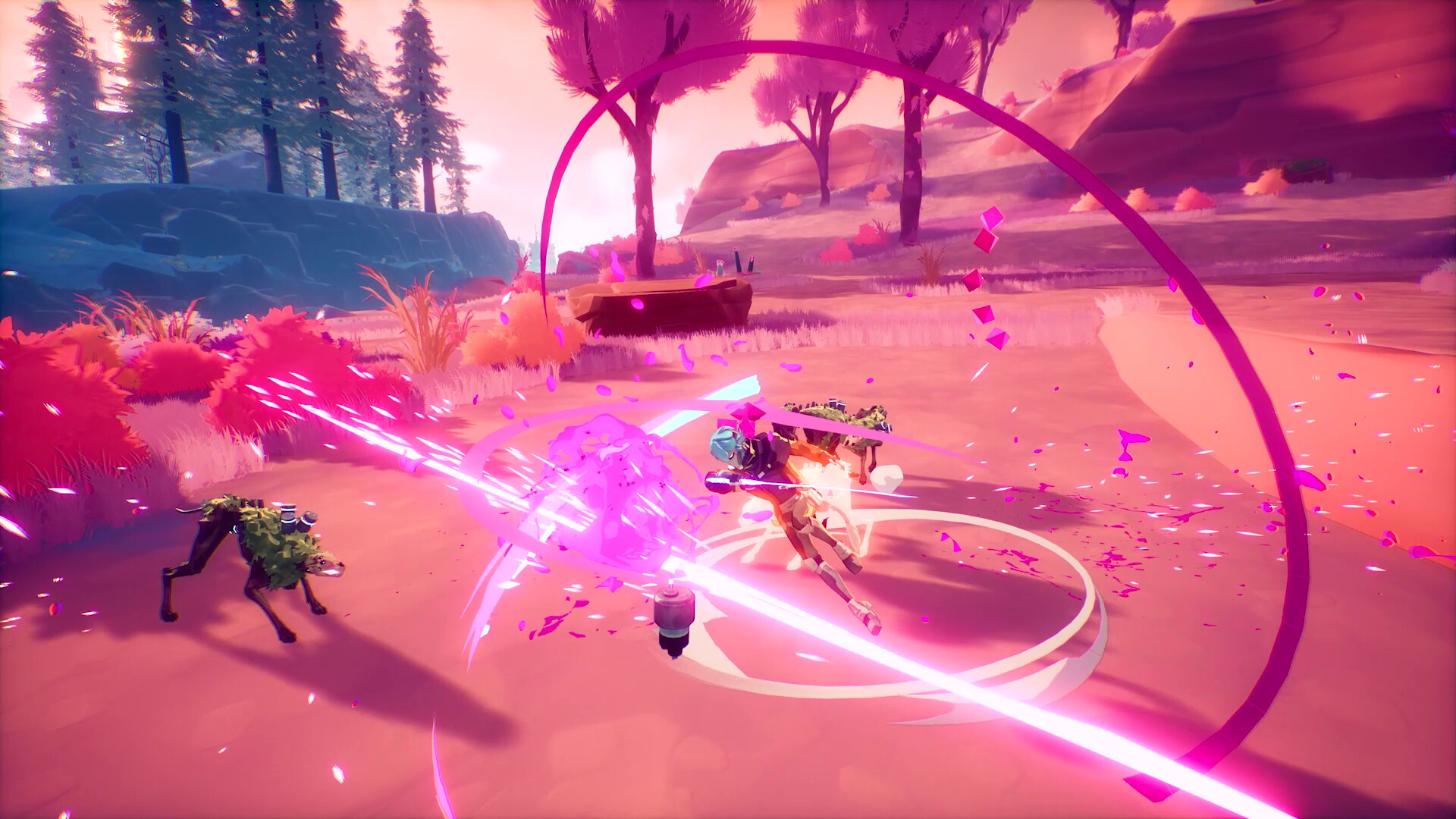 Hyper Light Breaker screenshot: cel-shaded, third-person, no outlines, soft gradient (combat)