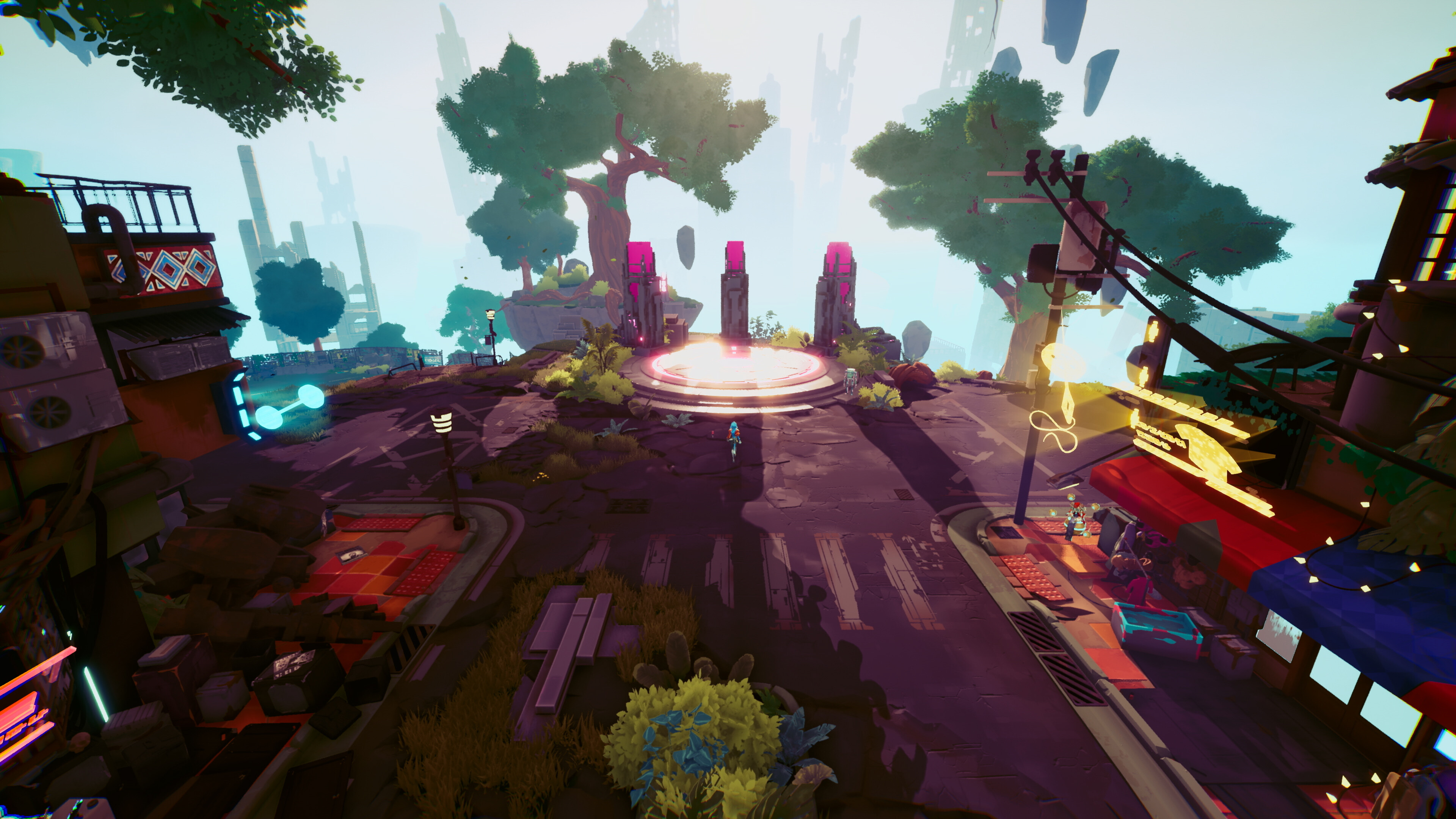 Hyper Light Breaker screenshot: cel-shaded, third-person, no outlines, soft gradient (environment)
