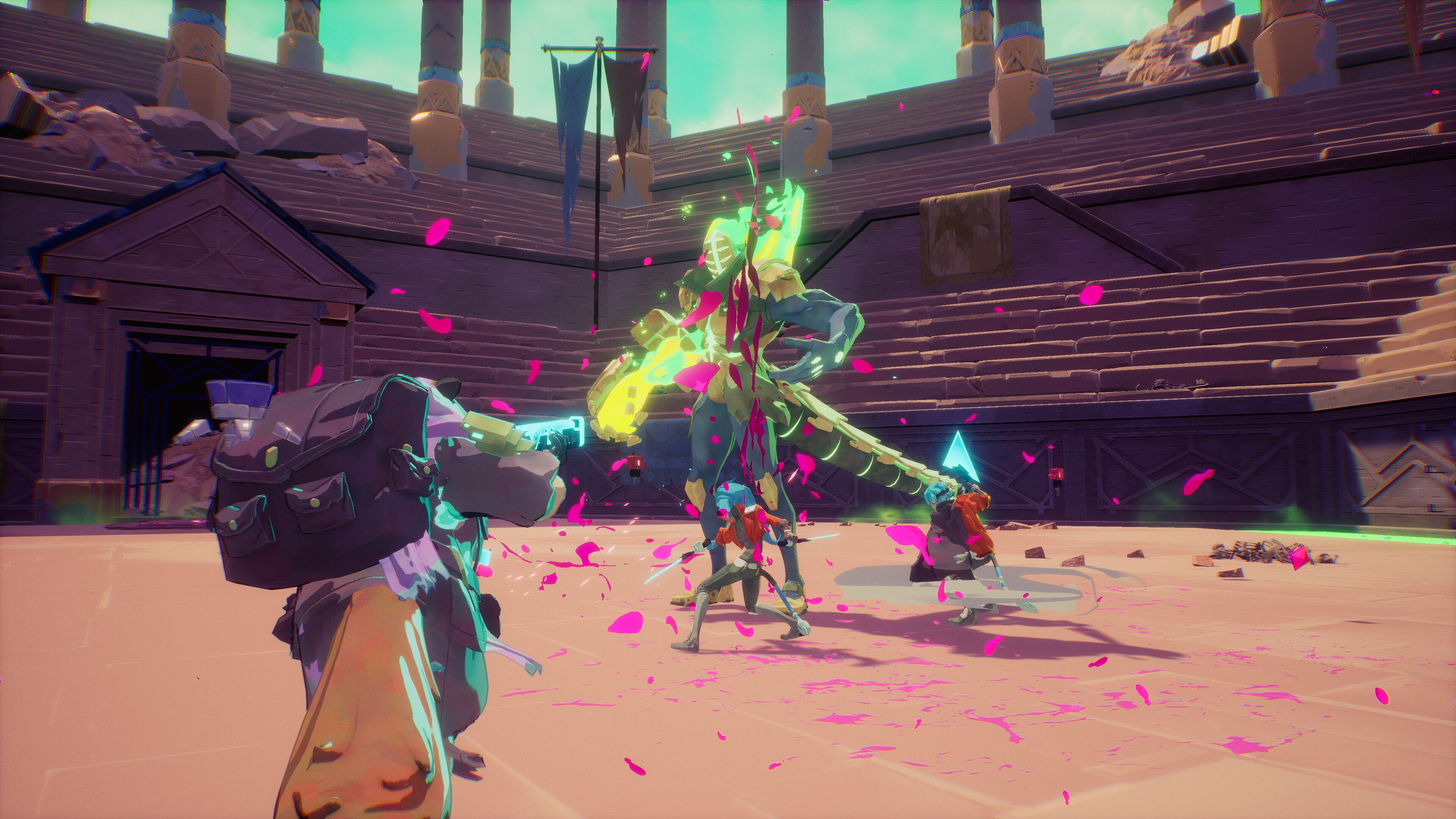 Hyper Light Breaker screenshot: cel-shaded, third-person, no outlines, soft gradient (combat)