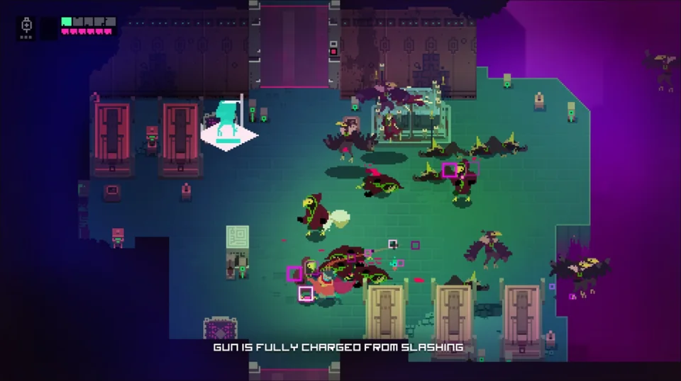 Hyper Light Drifter screenshot: pixel art, three-quarter, no outlines, flat / unlit (combat)