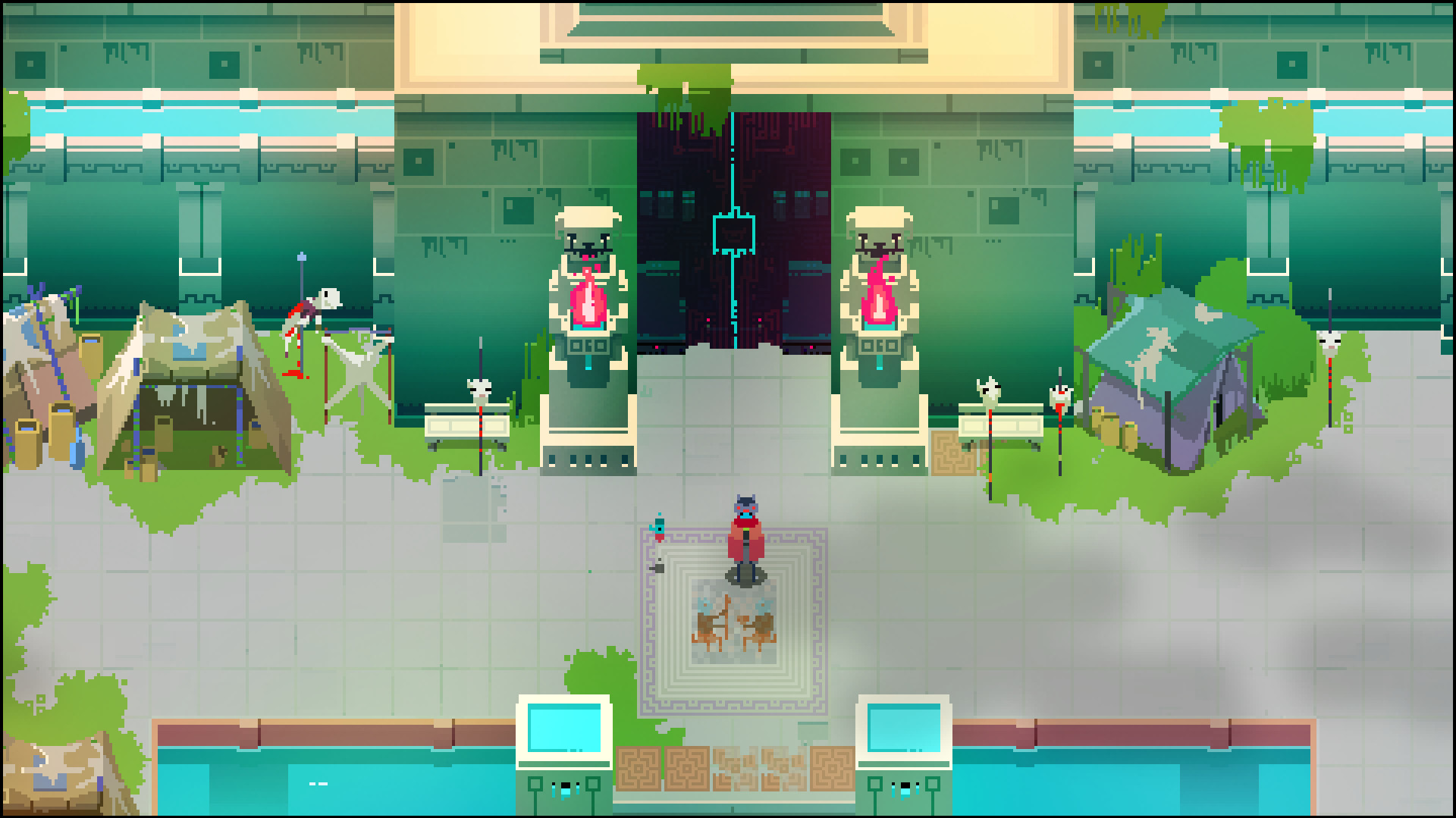 Hyper Light Drifter screenshot: pixel art, three-quarter, no outlines, soft gradient (environment)