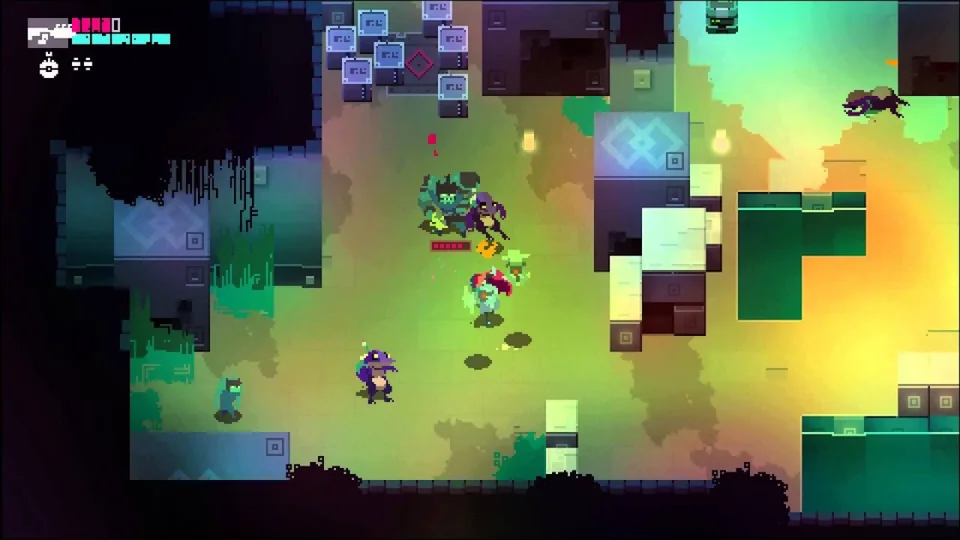 Hyper Light Drifter screenshot: pixel art, three-quarter, no outlines, flat / unlit (combat)