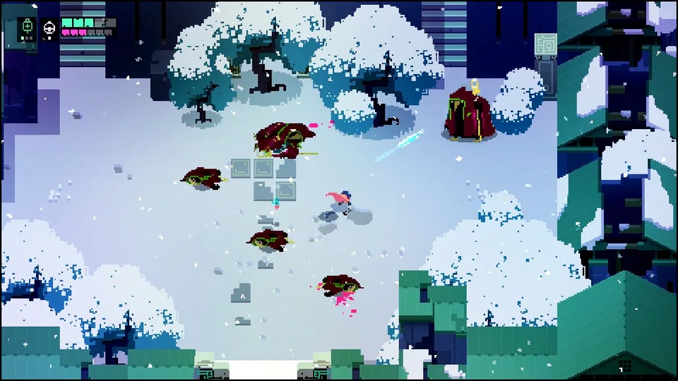 Hyper Light Drifter: Special Edition screenshot: pixel art, three-quarter, no outlines (combat)