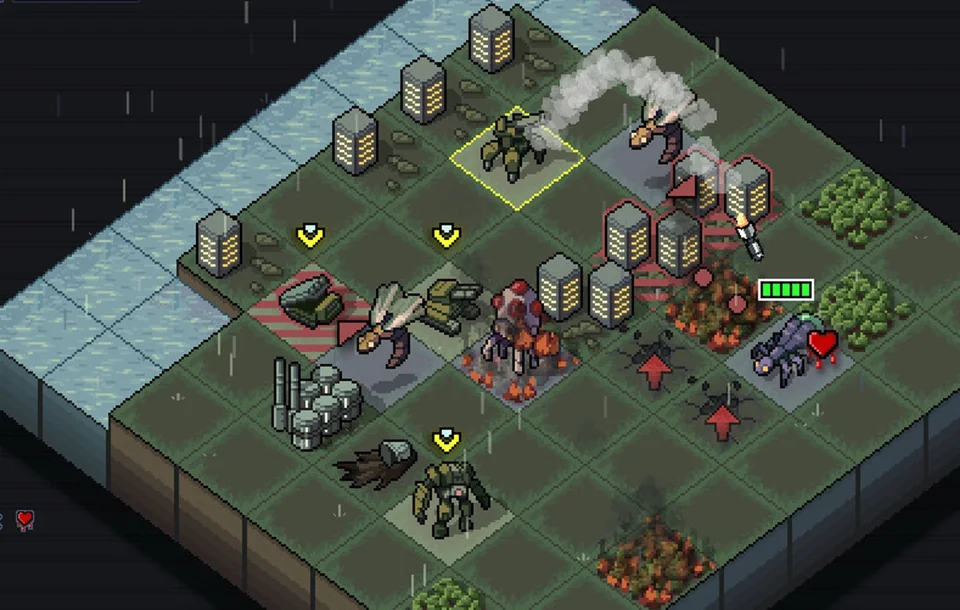 Into the Breach screenshot: pixel art, isometric, black outlines, flat / unlit (combat)