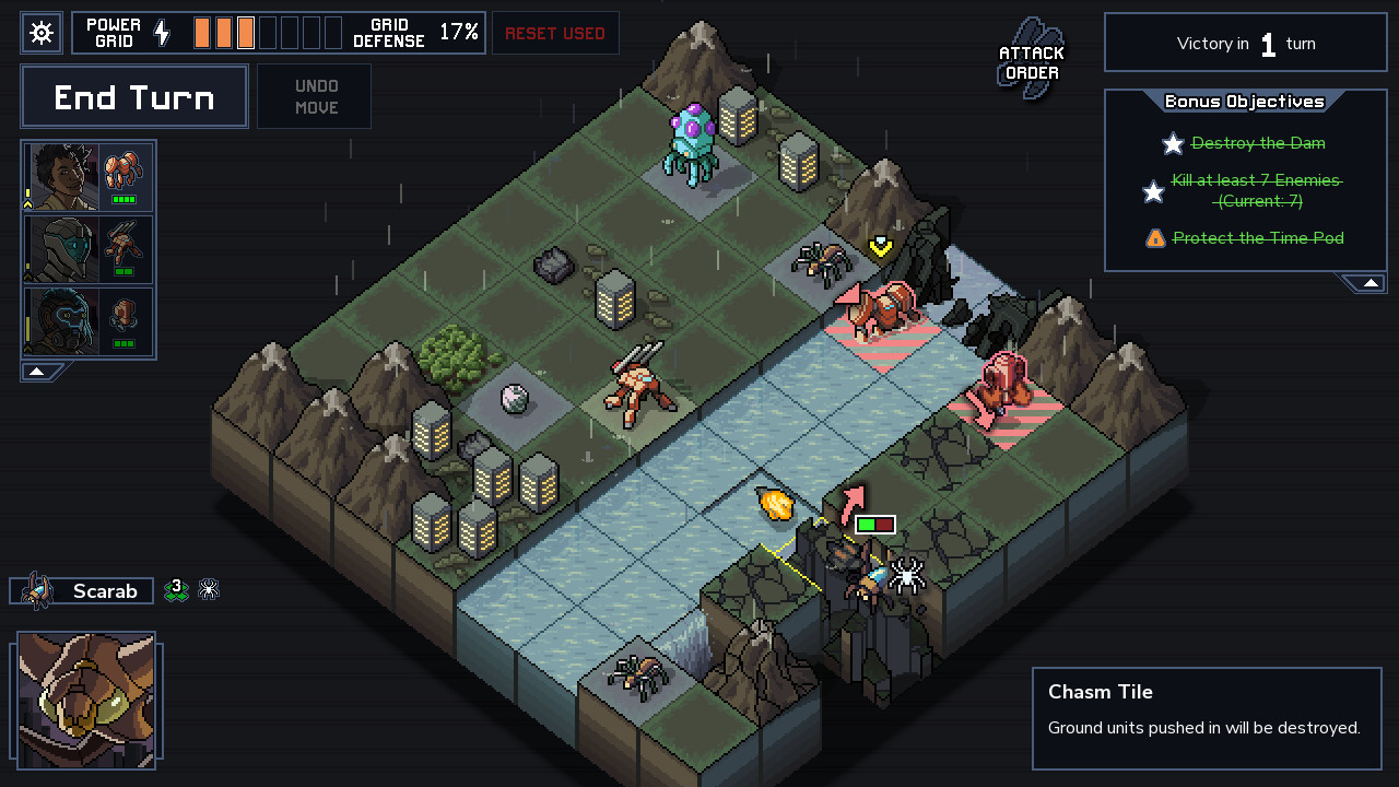 Into the Breach screenshot: pixel art, isometric, black outlines, baked lighting (environment, combat)