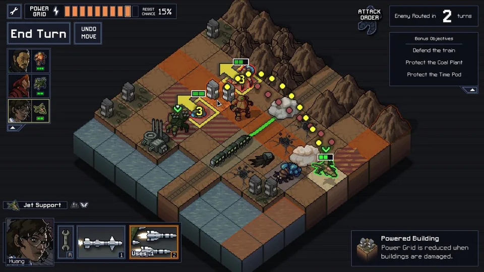 Into the Breach screenshot: pixel art, isometric, black outlines, flat / unlit (combat, ui / menu)
