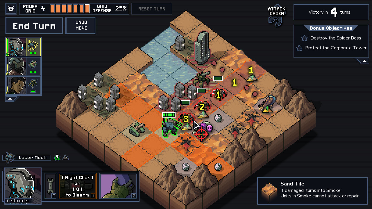 Into the Breach screenshot: pixel art, isometric, black outlines, baked lighting (environment, combat)
