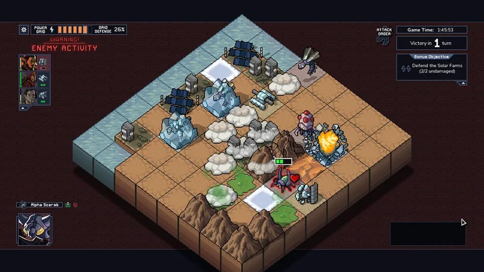 Into the Breach screenshot: pixel art, isometric, black outlines, flat / unlit (combat)