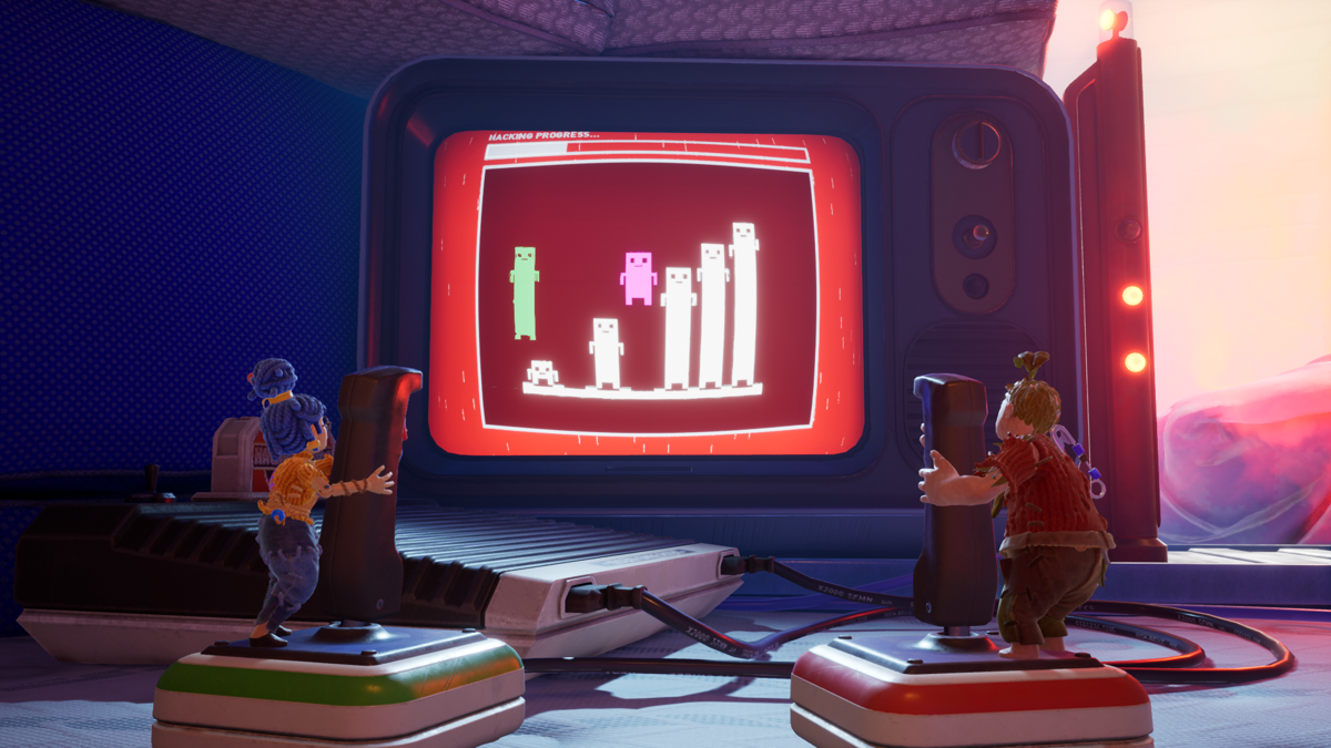 It Takes Two screenshot: stylized 3d, third-person, side-scrolling, top-down, three-quarter, no outlines, realistic lighting (environment, character)