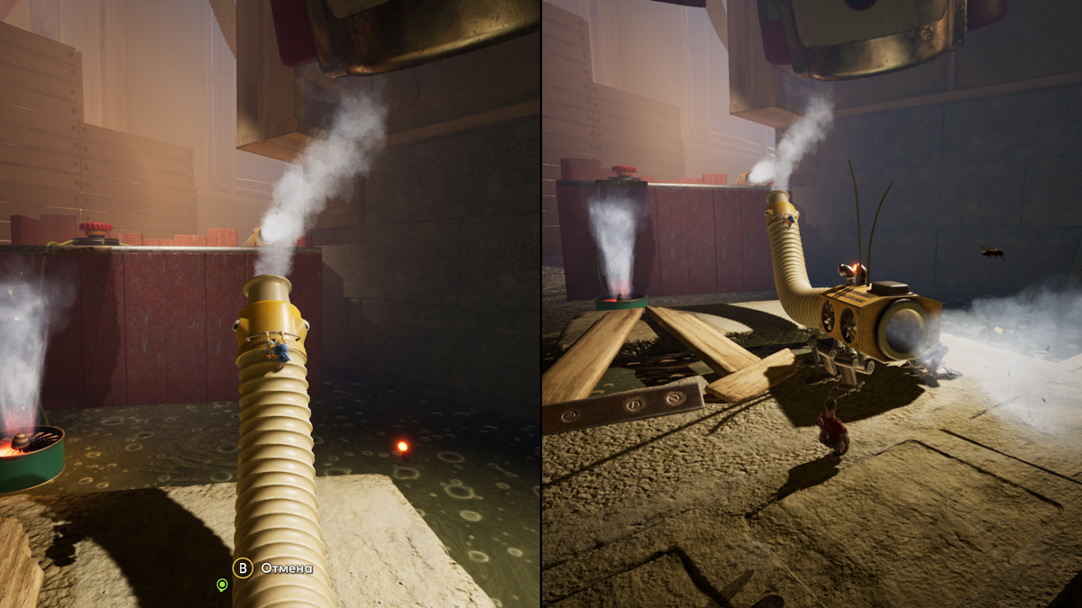 It Takes Two screenshot: stylized 3d, third-person, side-scrolling, top-down, three-quarter, no outlines, realistic lighting (environment)