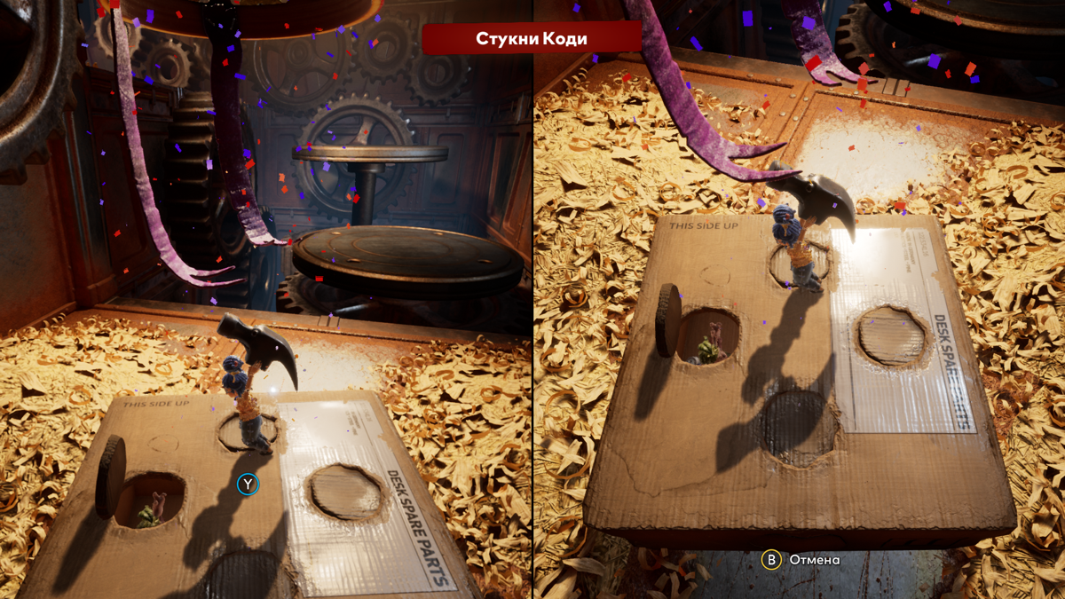 It Takes Two screenshot: stylized 3d, third-person, side-scrolling, top-down, three-quarter, no outlines, realistic lighting (environment)