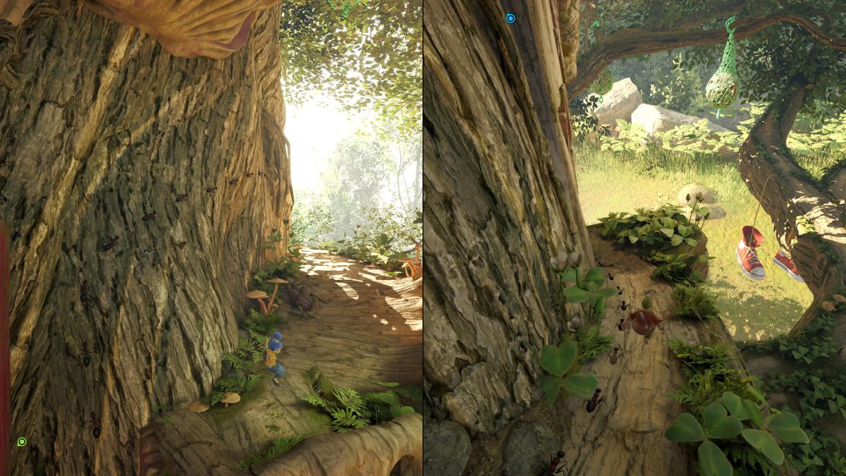 It Takes Two screenshot: stylized 3d, third-person, side-scrolling, top-down, three-quarter, no outlines, realistic lighting (environment)