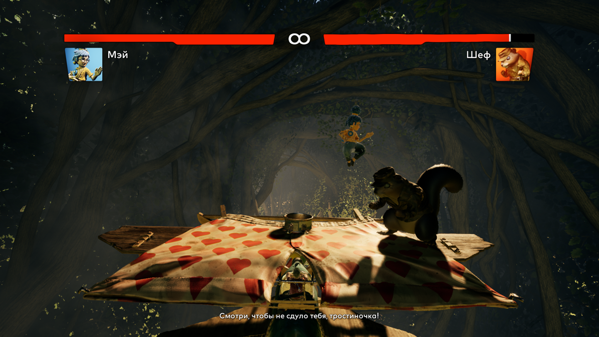 It Takes Two screenshot: stylized 3d, third-person, side-scrolling, top-down, three-quarter, no outlines, realistic lighting (environment, combat)