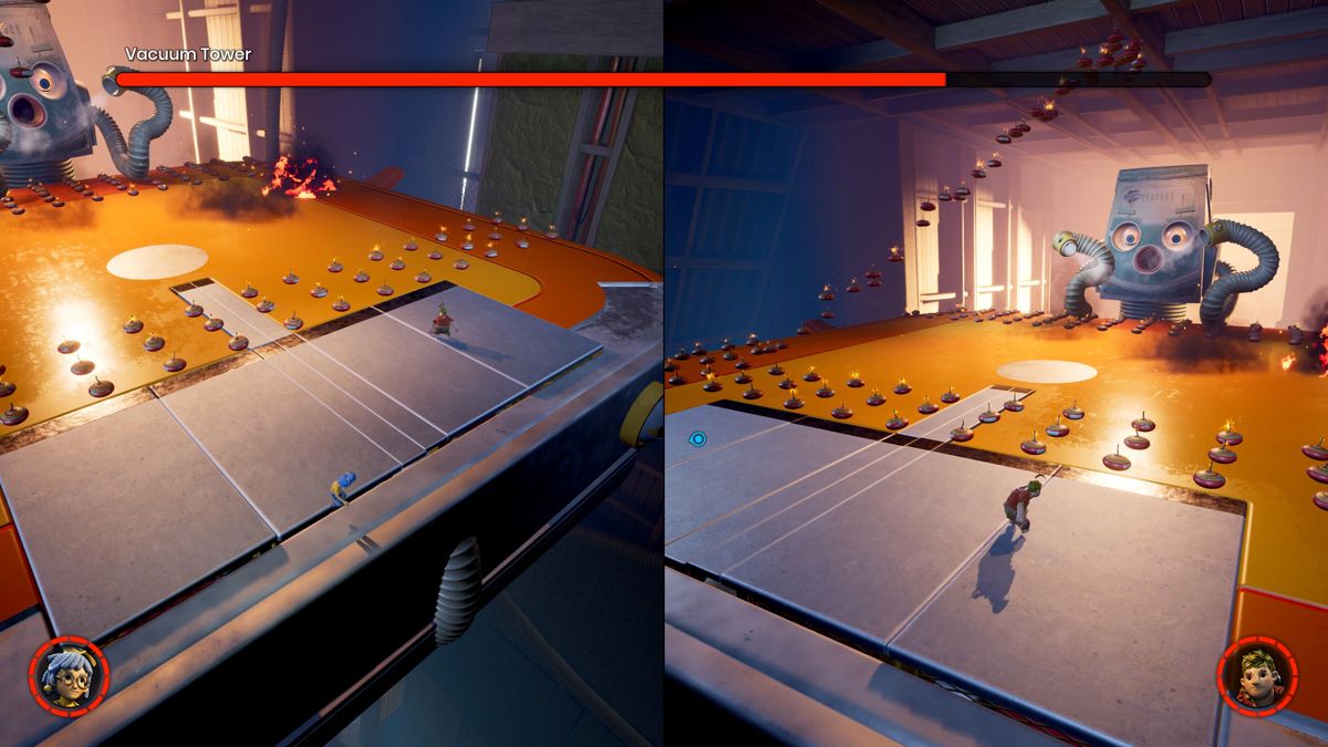 It Takes Two screenshot: stylized 3d, third-person, side-scrolling, top-down, three-quarter, no outlines, realistic lighting (environment, combat)