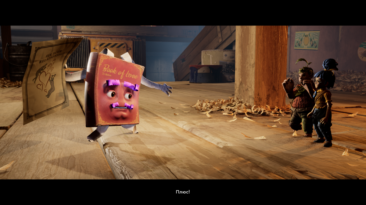 It Takes Two screenshot: stylized 3d, third-person, side-scrolling, top-down, three-quarter, no outlines, realistic lighting (environment, character, cutscene)