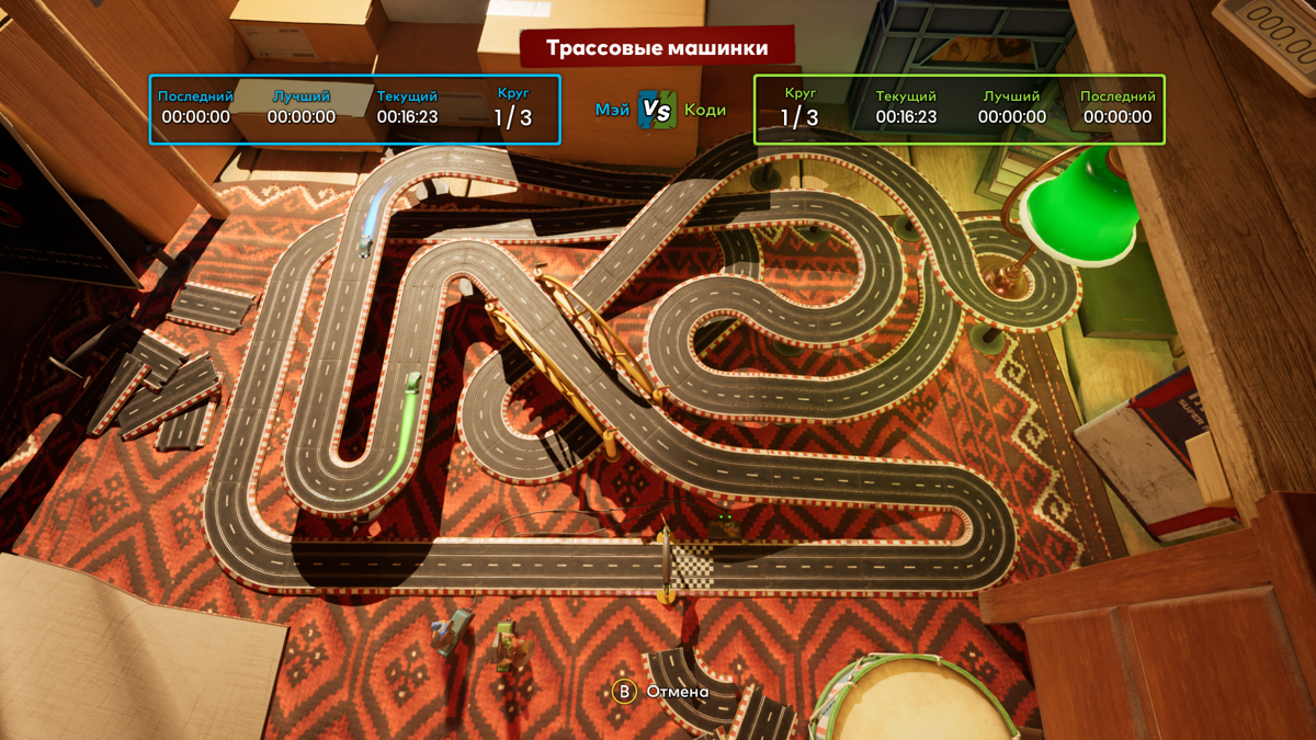 It Takes Two screenshot: stylized 3d, third-person, side-scrolling, top-down, three-quarter, no outlines, realistic lighting (environment)