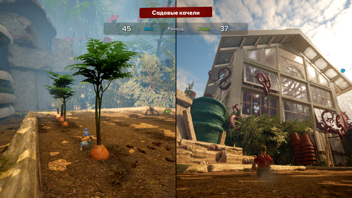 It Takes Two screenshot: stylized 3d, third-person, side-scrolling, top-down, three-quarter, no outlines, realistic lighting (environment)