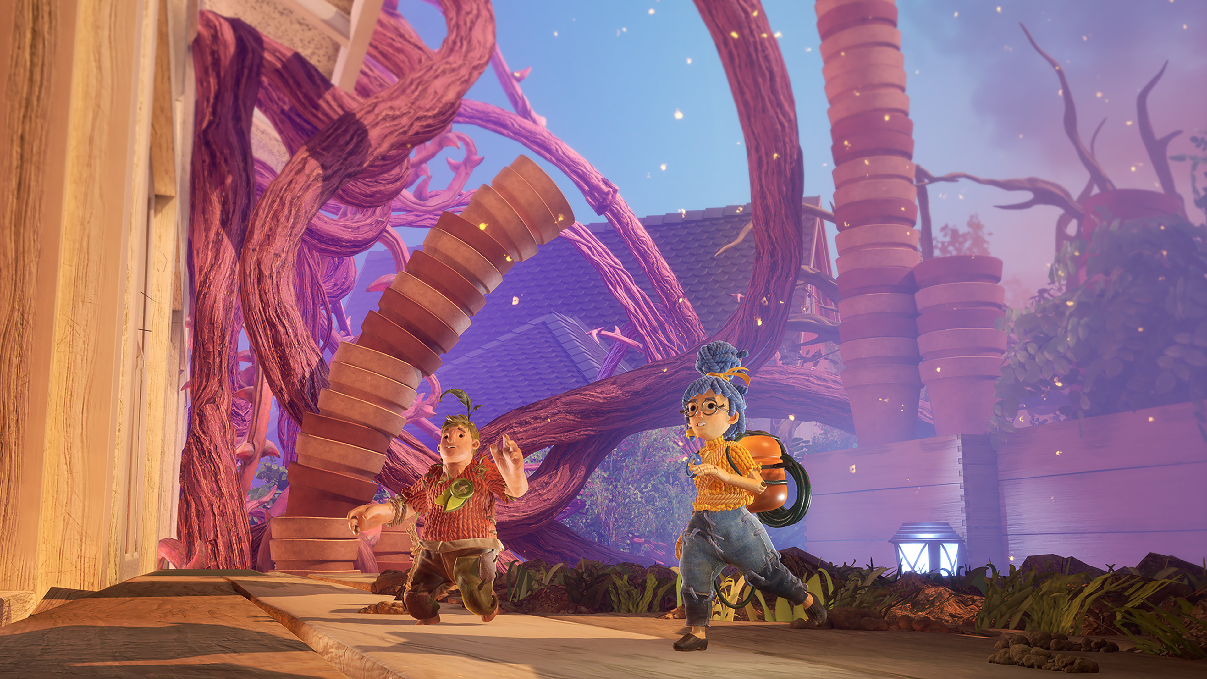 It Takes Two screenshot: stylized 3d, third-person, side-scrolling, top-down, three-quarter, no outlines, realistic lighting (environment, character, cutscene)