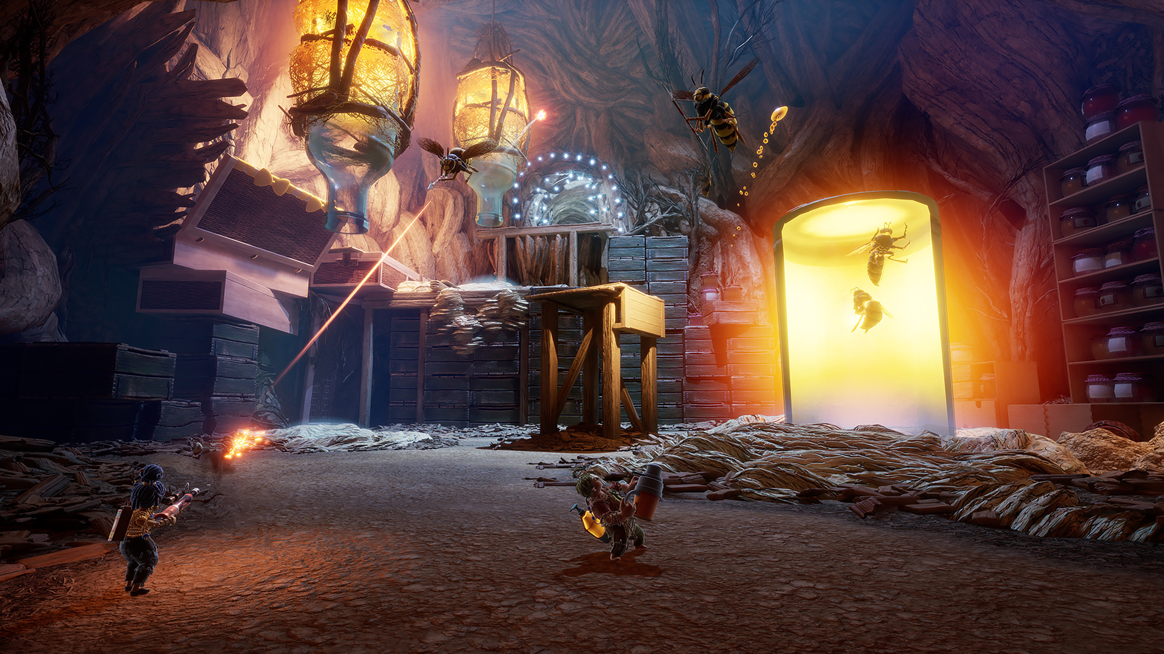 It Takes Two screenshot: stylized 3d, third-person, side-scrolling, top-down, three-quarter, no outlines, realistic lighting (environment, combat)