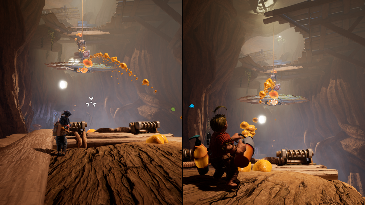 It Takes Two screenshot: stylized 3d, third-person, side-scrolling, top-down, three-quarter, no outlines, realistic lighting (environment, combat)