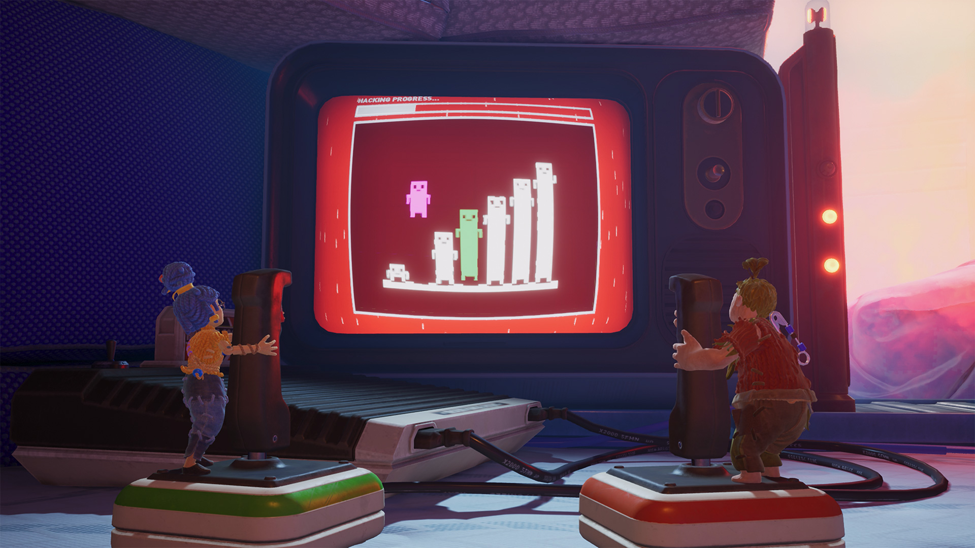 It Takes Two screenshot: stylized 3d, third-person, side-scrolling, top-down, three-quarter, no outlines, realistic lighting (environment, character)