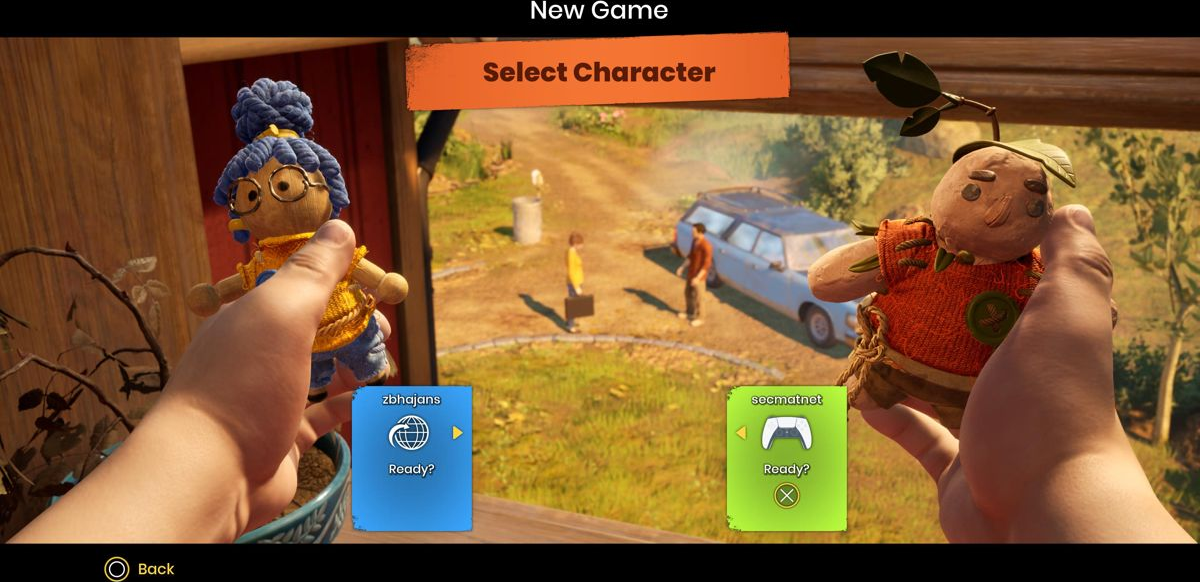 It Takes Two screenshot: stylized 3d, third-person, side-scrolling, top-down, three-quarter, no outlines, realistic lighting (character, ui / menu)