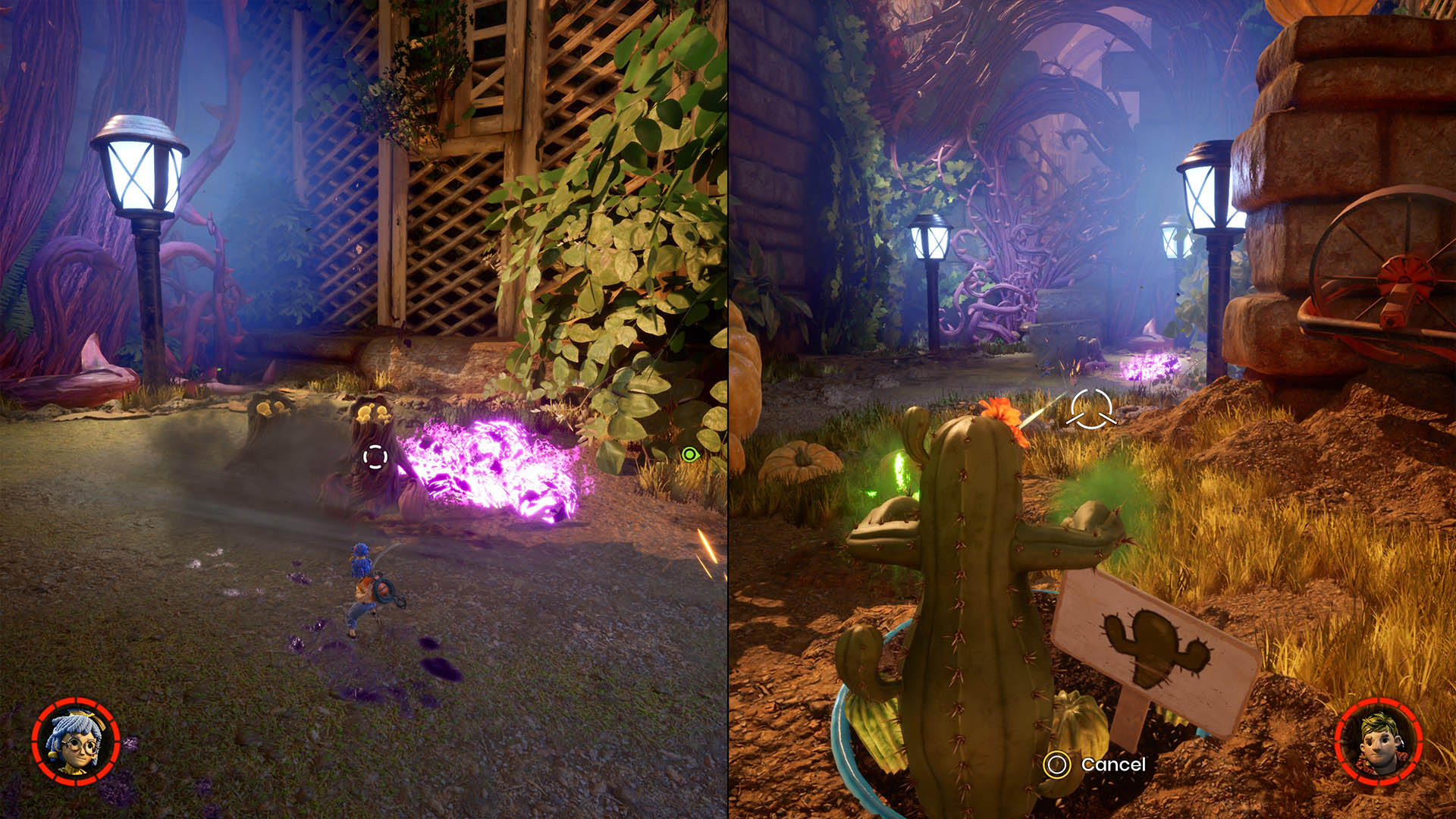 It Takes Two screenshot: stylized 3d, third-person, side-scrolling, top-down, three-quarter, no outlines, realistic lighting (environment, combat)
